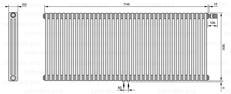 Схема (чертеж) Радиатор Zehnder Charleston 3180/38 №V008 Technoline TL